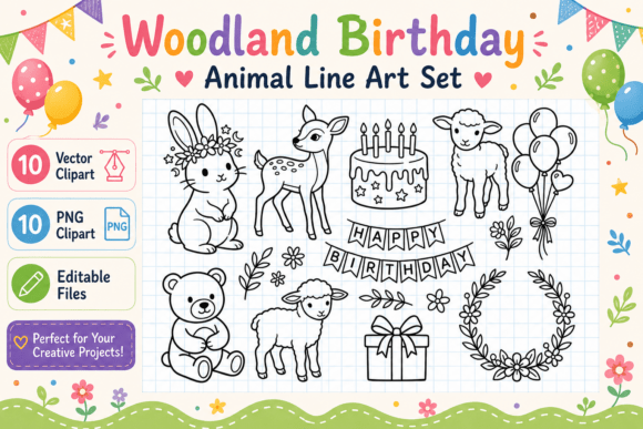 Download Woodland Birthday Animal Line Art Set - Birthday animal Collection