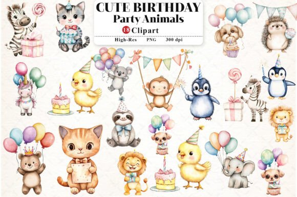 Download Cute Birthday Party Animals Clipart - Birthday Collection