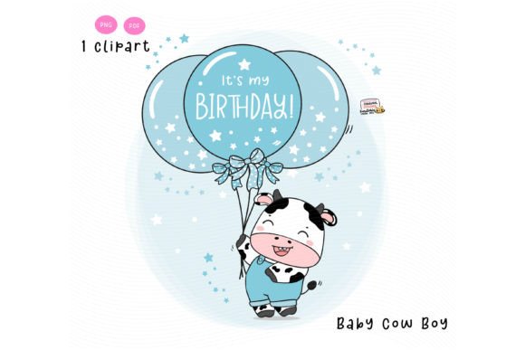 Download Cute Baby Cow Birthday with Balloons Png - Birthday Collection